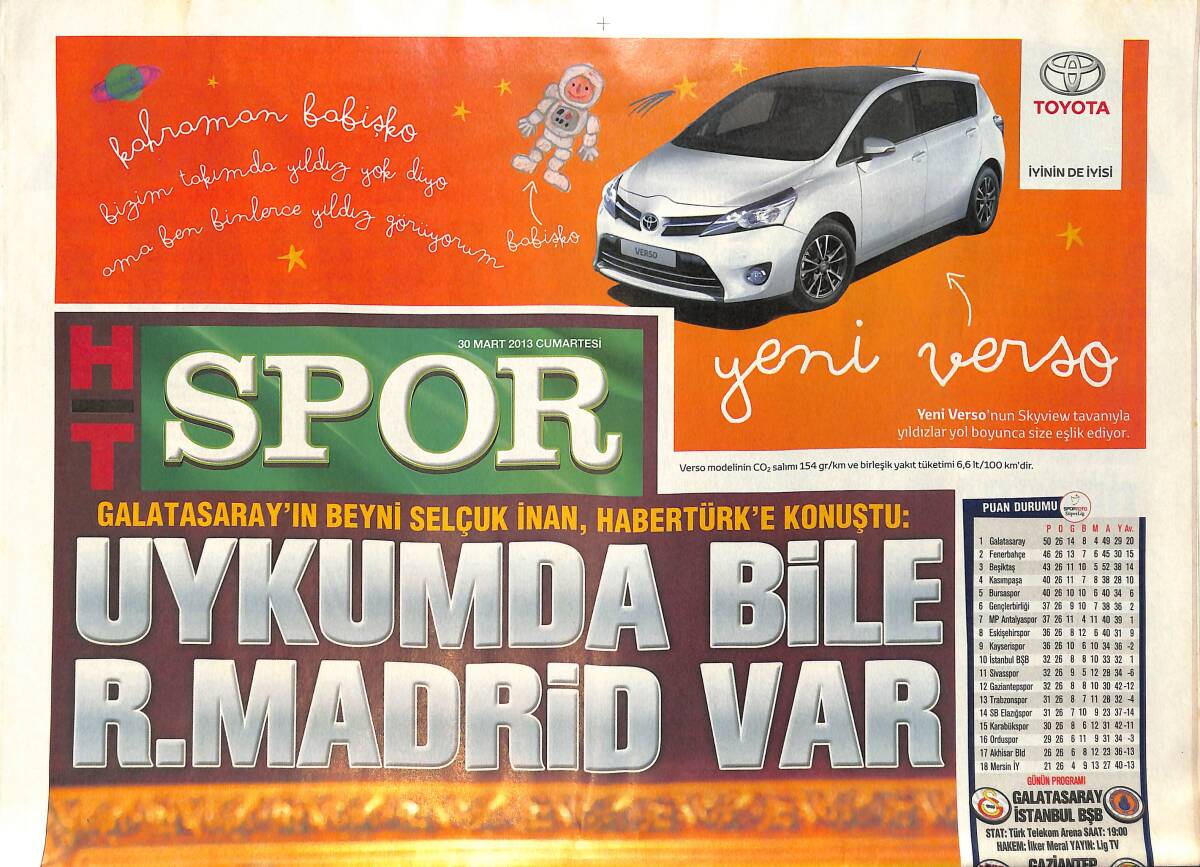 Habertürk Gazetesi Spor Eki 30 Mart 2013 - Selçuk İnan: Uykumda Bile Real Madrid Var - Onur Kıvrak: Sadece Trabzon GZ153806 - 1