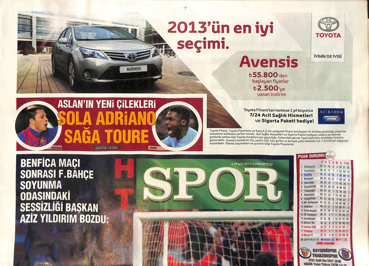 Habertürk Gazetesi Spor Eki 4 Mayıs 2013 - Soyunma Odasındaki Sessizliği Aziz Yıldırım Bozdu - Sneijder 11'e Riera Kulübeye GZ153798 - 1