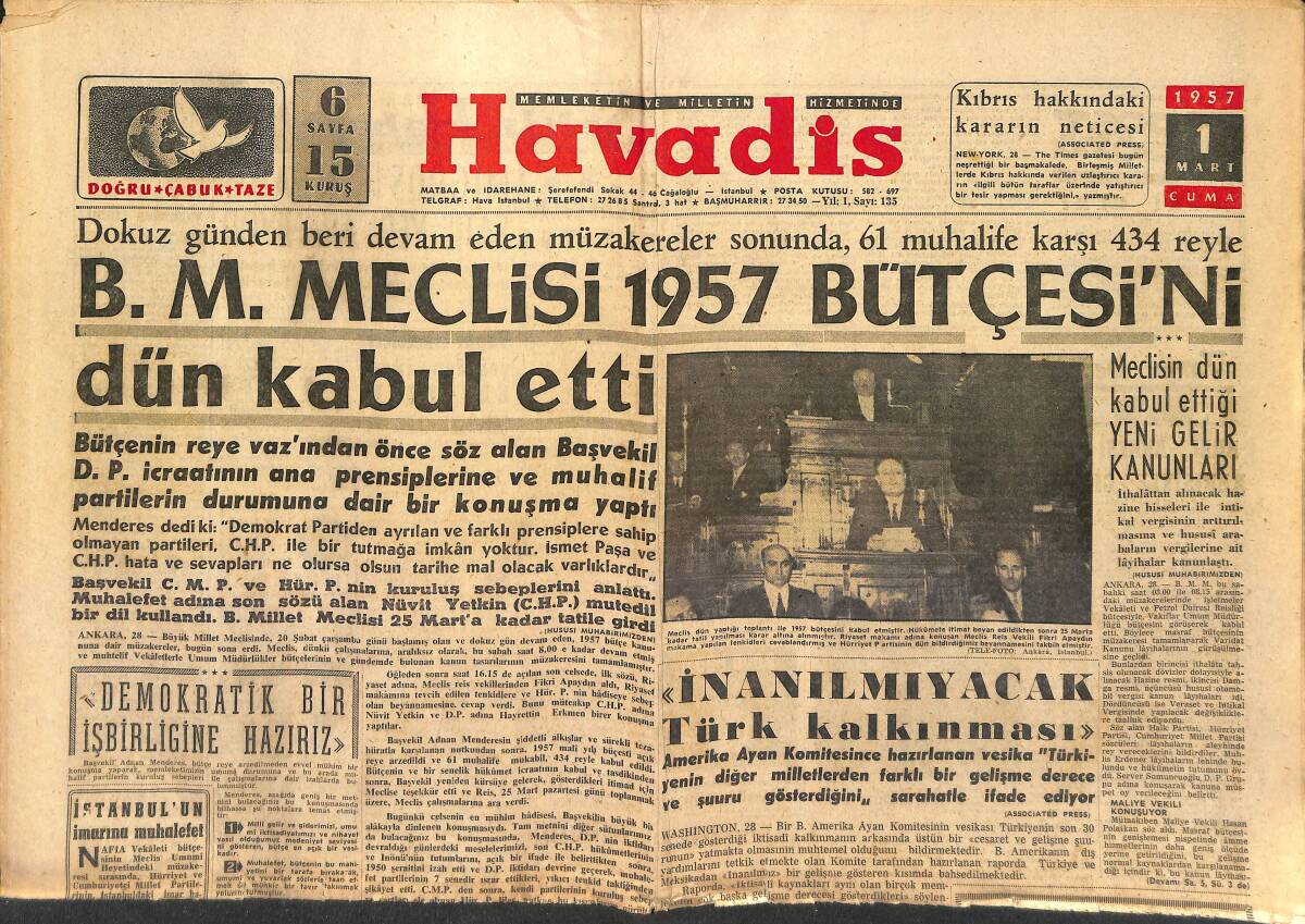 Havadis Gazetesi 1 Mart 1957 - Elia Kazan Hollywood'da Yeni Bir Fırtına Kopardı - Galatasaraylılar Durmadan Koştular GZ149287 - 1