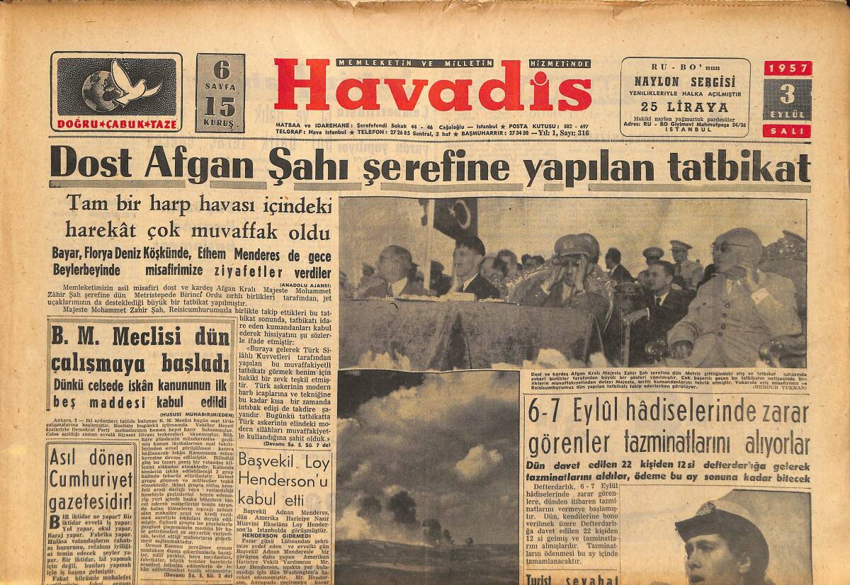 Havadis Gazetesi 3 Eylül 1957 - Dost Afgan Şahı Şerefine Yapılan Tatbikat - İlk Bayan Deniz Subayımız - Ağa Han'ın Mirasına Bir Ortak Daha Çıktı GZ149286 - 1