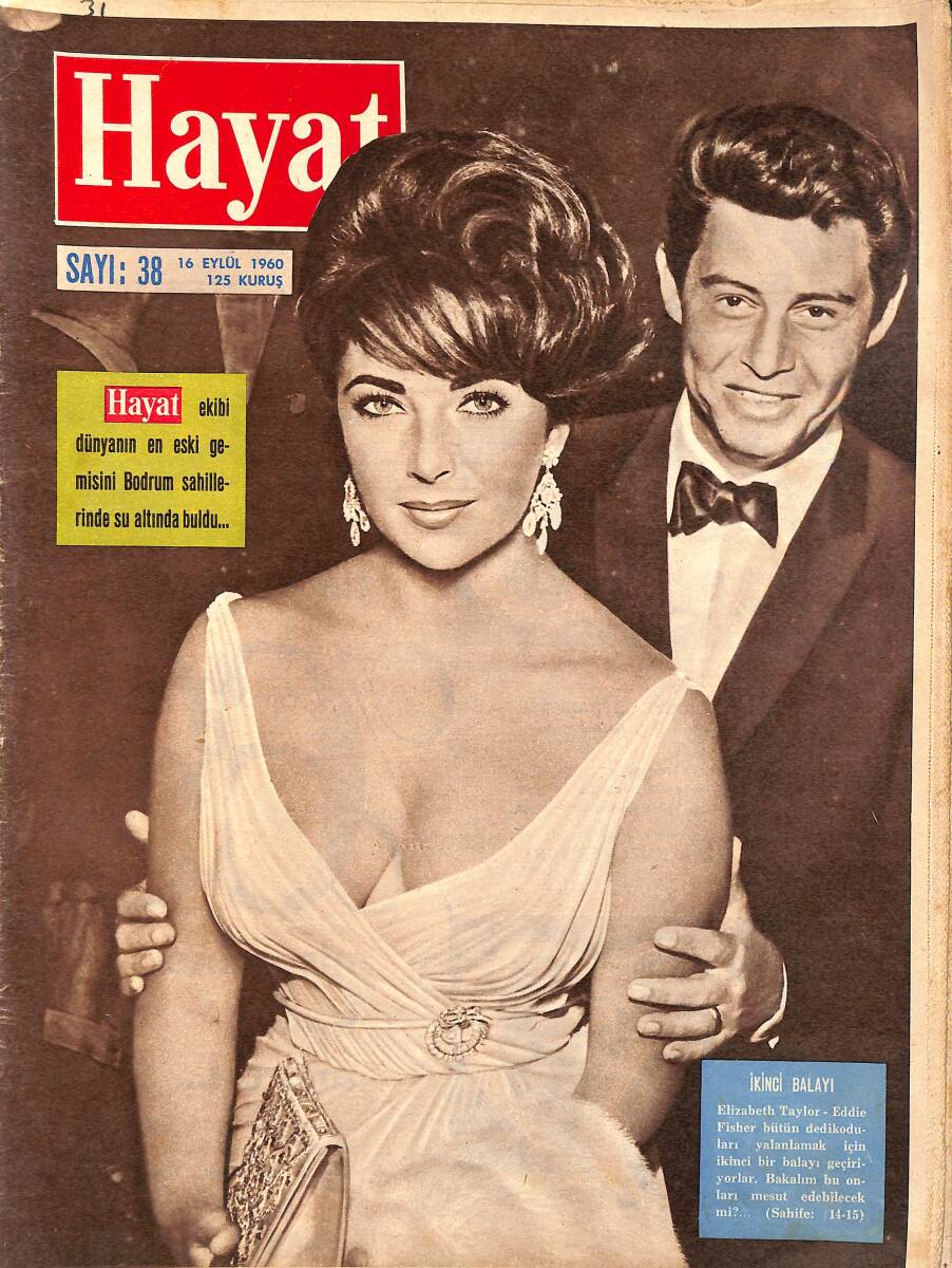 HAYAT Dergisi 16 Eylül 1960 Sayı: 38 - Kapak: Elizabeth Taylor Ve Eddie Fisher İkinci Balayı - Farah'ın En Son Resmi NDR88996 - 1