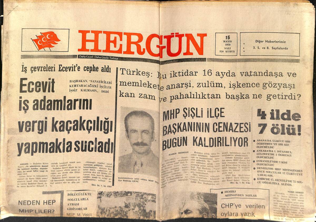 Hergün Gazetesi 15 Mayıs 1979 - Ecevit İş Adamlarını Vergi Kaçakçılığı Yapmakla Suçladı - Topuz İle Baykal Ecevit'i Korkutuyor GZ149291 - 1