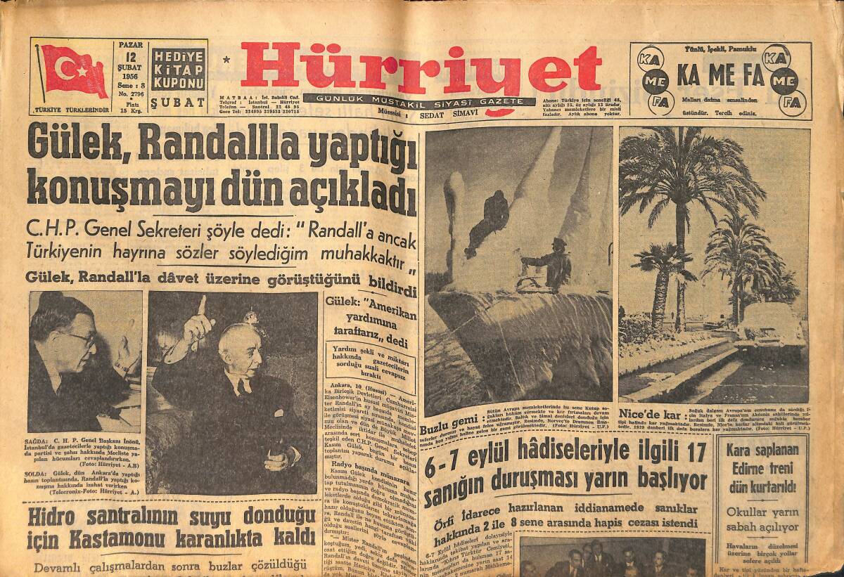 Hürriyet Gazetesi 12 Şubat 1956 - 40 Bin Otomobil Lâstik Bekliyor - Randall Amerika'da GZ155789 - 1