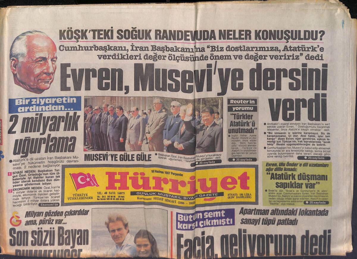 Hürriyet Gazetesi 18 Haziran 1987 - Fransız Başkan Adayına Dul Eş Darbesi - Evren Musevi'ye Dersini Verdi GZ156020 - 1