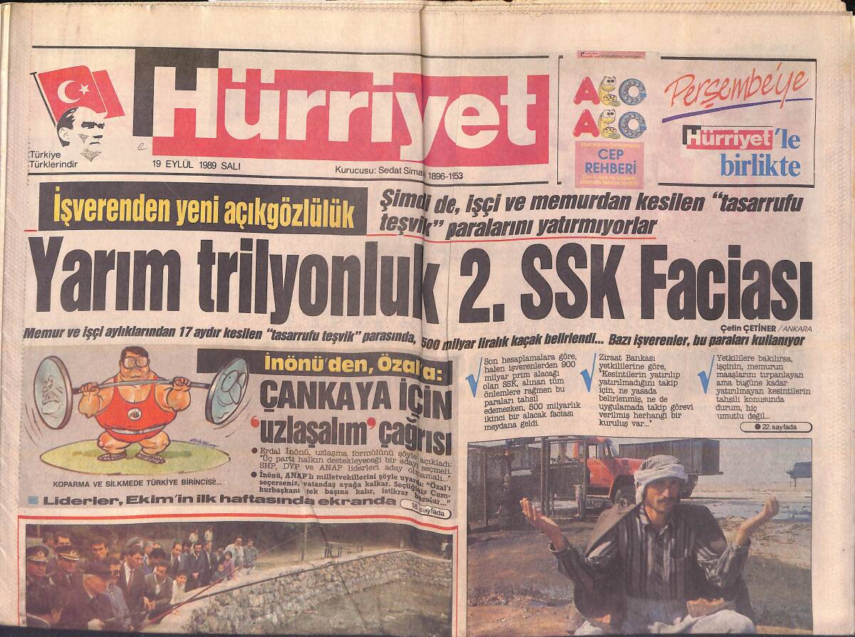 Hürriyet Gazetesi 19 Eylül 1989 - Naim Süleymanoğlu'nun Serveti 2 Milyarı Aştı - Yarım Trilyonluk İkinci SSK Faciası GZ156014 - 1