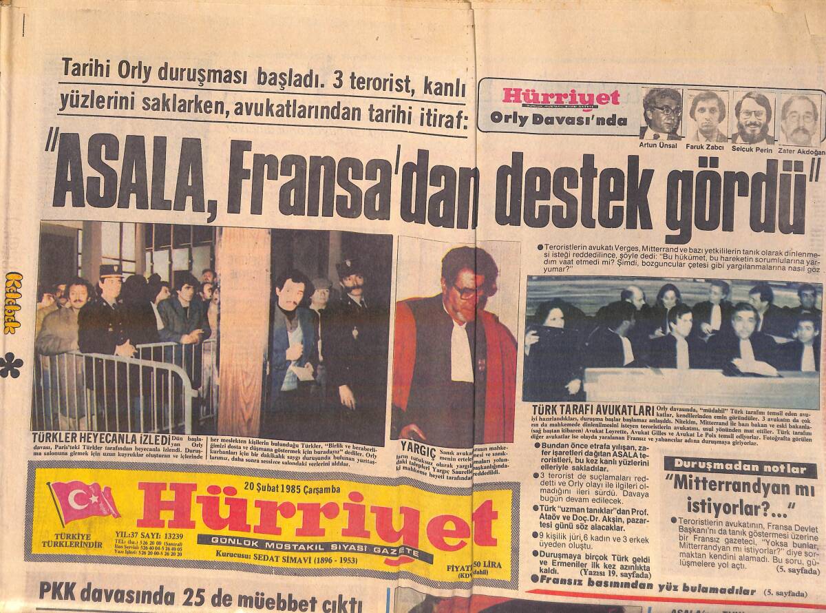 Hürriyet Gazetesi 20 Şubat 1985 - Asala, Fransa'dan Destek Gördü - Elçiye Göre Bulgarlaştırma Yok GZ155986 - 1