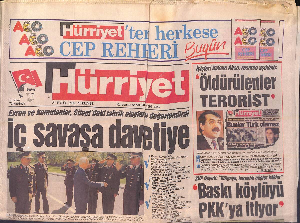 Hürriyet Gazetesi 21 Eylül 1989 - Miniklerden Fatma Girik'e Plaket - Koç'a Tarihi Çatı GZ156017 - 1