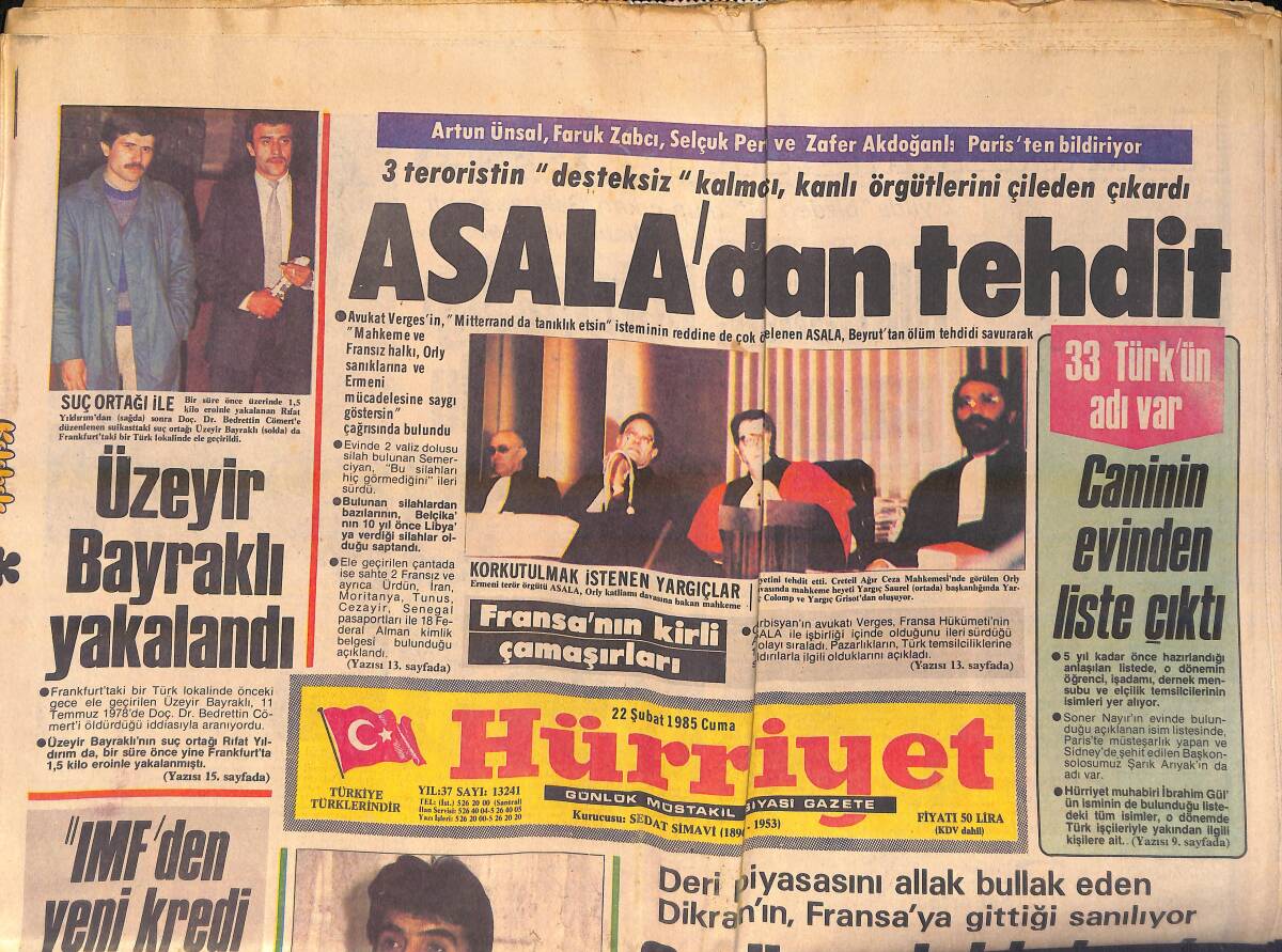 Hürriyet Gazetesi 22 Şubat 1985 - Asala'dan Tehdit - Üzeyir Bayraklı Yakalandı - Ajda Pekkan İngiltere'ye Gitti GZ155988 - 1