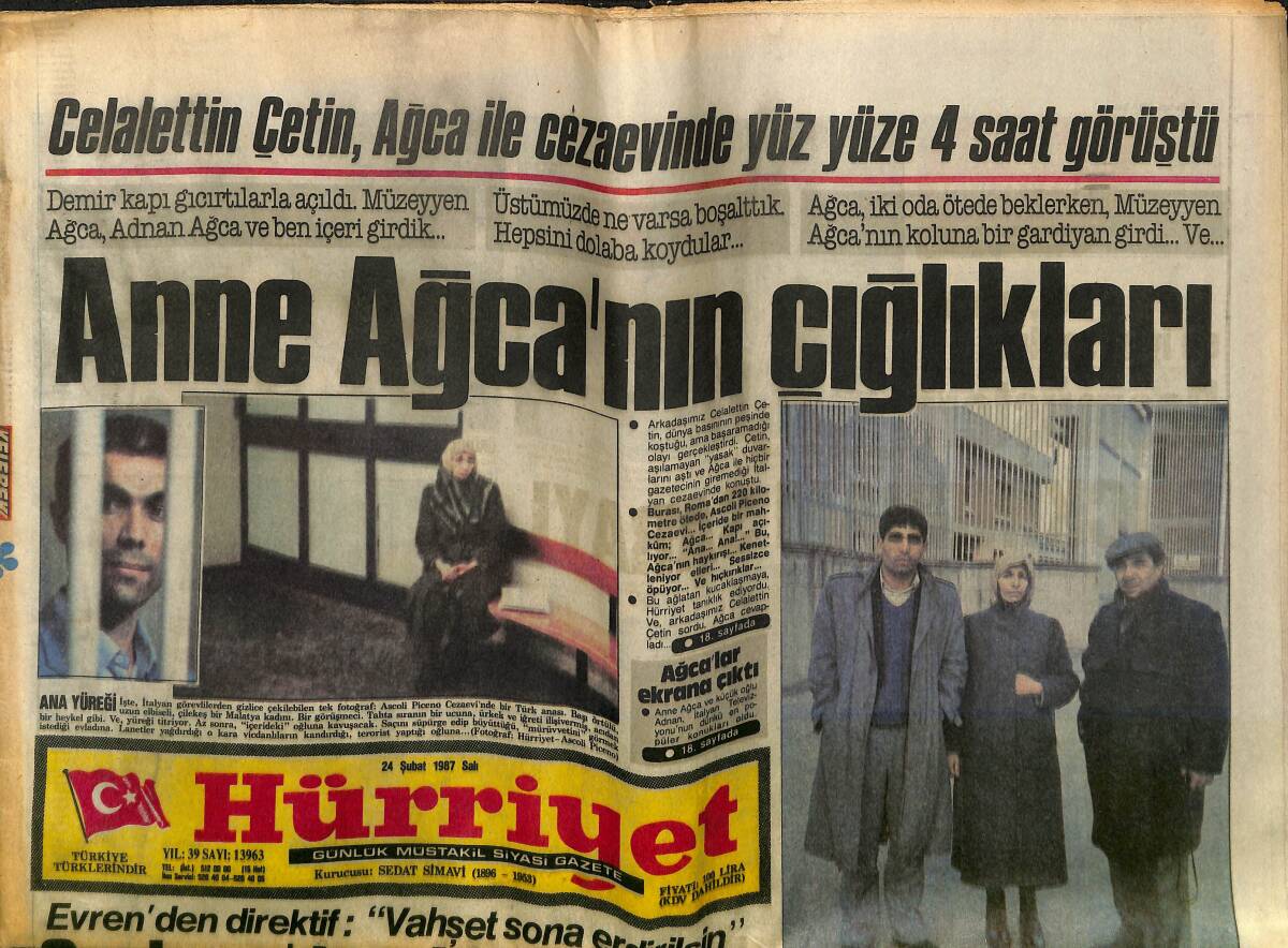 Hürriyet Gazetesi 24 Şubat 1987 - Tarihe Geçen Öpüşler - Gorbaçev'e Bombalı Oto - Paris'te Abdullah Alarmı GZ153477 - 1