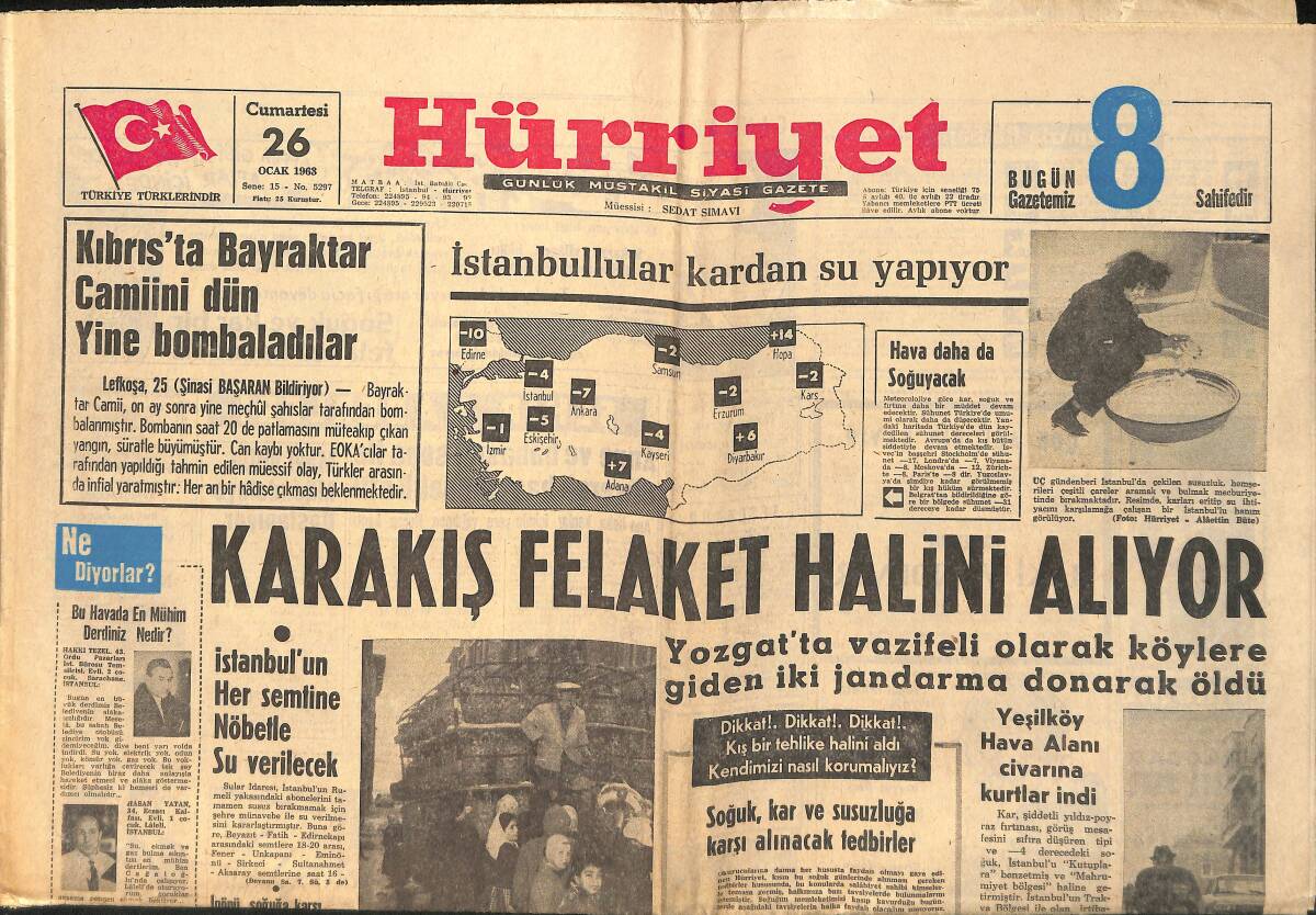 Hürriyet Gazetesi 26 Ocak 1963 - Cüneyt Gökçer Dün 19 Yıllık Eşinden Ayrıldı - Karakış Felaket Halini Alıyor GZ155774 - 1