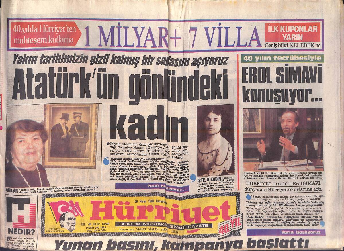 Hürriyet Gazetesi 30 Nisan 1988 - Atatürk'ün Gönlündeki Kadın - Naim'e Bandolu Karşılama GZ156015 - 1