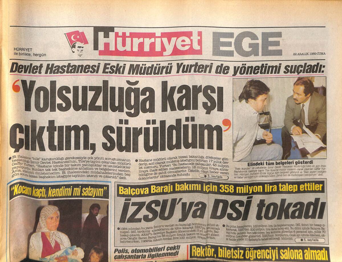 Hürriyet Gazetesi Ege Eki 22 Aralık 1989 - İZSU'ya DSİ Tokadı - PTT'ye Bomba İhbarı GZ153701 - 1