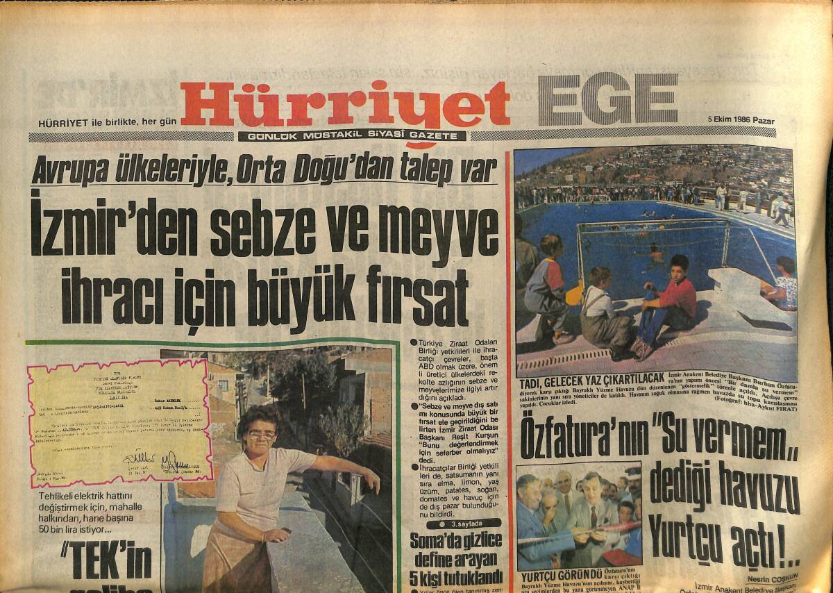 Hürriyet Gazetesi Ege Eki 5 Ekim 1986 - Menemen Belediye Başkanı Görevden Düşmekten Kurtuldu - İzmir'den Sebze Ve Meyve İhracı İçin Büyük Fırsat GZ153702 - 1