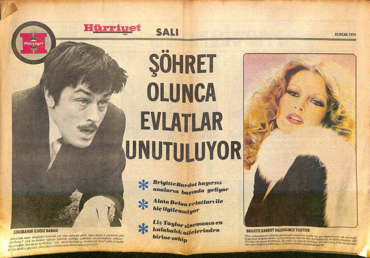 Hürriyet Gazetesi Eki 22 Ocak 1974 - Brigitte Bardot Dilediğince Yaşıyor - Alain Delon Evlatları İle Hiç İlgilenmiyor GZ153471 - 1