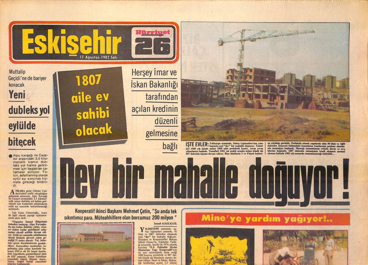 Hürriyet Gazetesi Eskişehir Eki 17 Ağustos 1982 - İsmail'e Muhteşem Jübile Yapılacak - 1807 Aile Ev Sahibi Olacak GZ156287 - 1