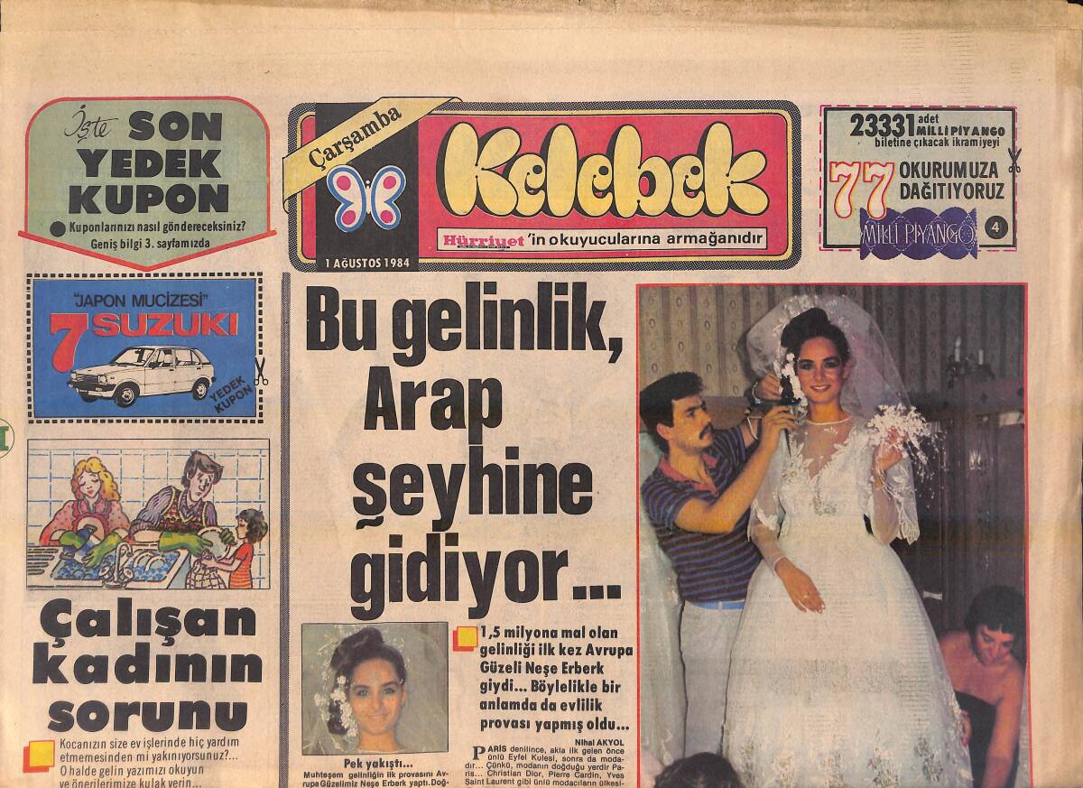 Hürriyet Gazetesi Kelebek Eki 1 Ağustos 1984 - Ahu Tuğba Son Filminde Yine Ünlü Bir Şarkıcı - Bu Gelinlik Arap Şeyhine Gidiyor GZ156335 - 1