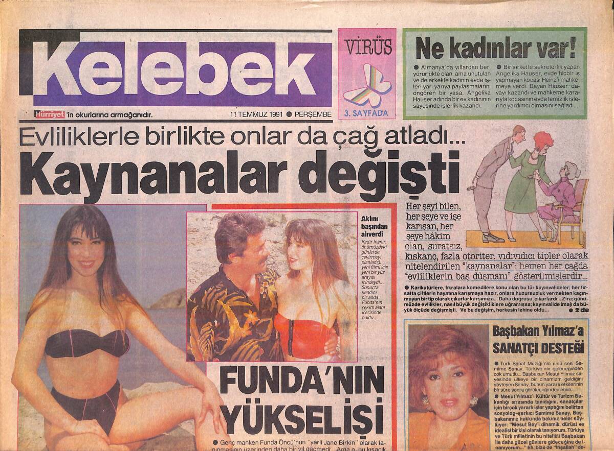 Hürriyet Gazetesi Kelebek Eki 11 Temmuz 1991 - Funda Öncü'nün yükselişi - Başbakan Yılmaz'a Sanatçı Desteği GZ156255 - 1