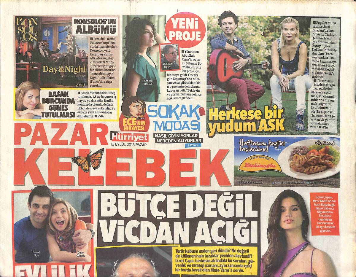 Hürriyet Gazetesi Kelebek Eki 13 Eylül 2015 - Herkese Bir Yudum Aşk: Buray - Bütçe Değil Vicdan Açığı: Mete Yarar GZ155153 - 1