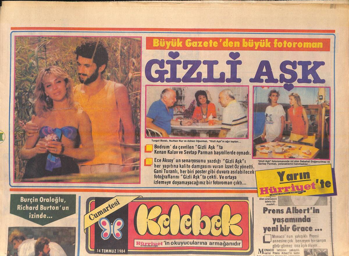 Hürriyet Gazetesi Kelebek Eki 14 Temmuz 1984 - Hülya Koçyiğit: Kanser Olduğum Kuyruklu Bir Yalan - Selam Güneri'den Penye Serinliği GZ156161 - 1