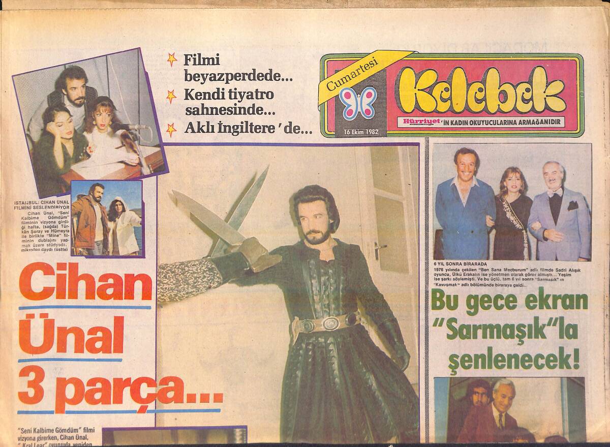 Hürriyet Gazetesi Kelebek Eki 16 Ekim 1982 - Cihan Ünal 3 Parça - Sadri Alışık, Ülkü Erakalın Ve Yeşim 6 Yıl Aradan Sonra Bir Arada GZ156334 - 1