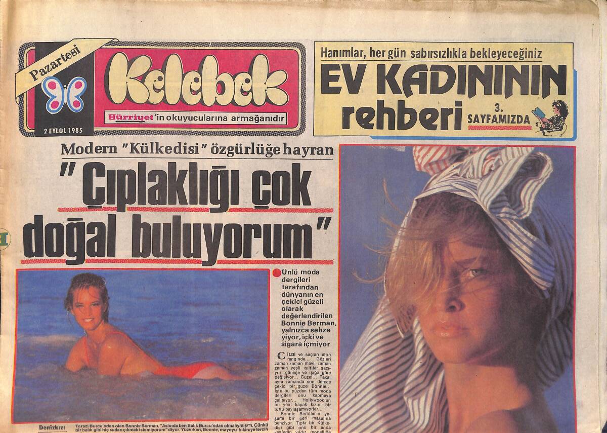 Hürriyet Gazetesi Kelebek Eki 2 Eylül 1985 - Bonnie Berman Çıplaklığı Çok Doğal Buluyor - Talat Bulut'un Sürpriz Nişanı GZ156138 - 1