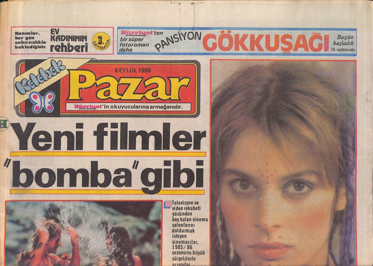 Hürriyet Gazetesi Pazar Kelebek Eki 8 Eylül 1985 - Yeni Filmler Bomba Gibi: Conan'ın İkincisi, Stallone'den 3 Film GZ156136 - 1