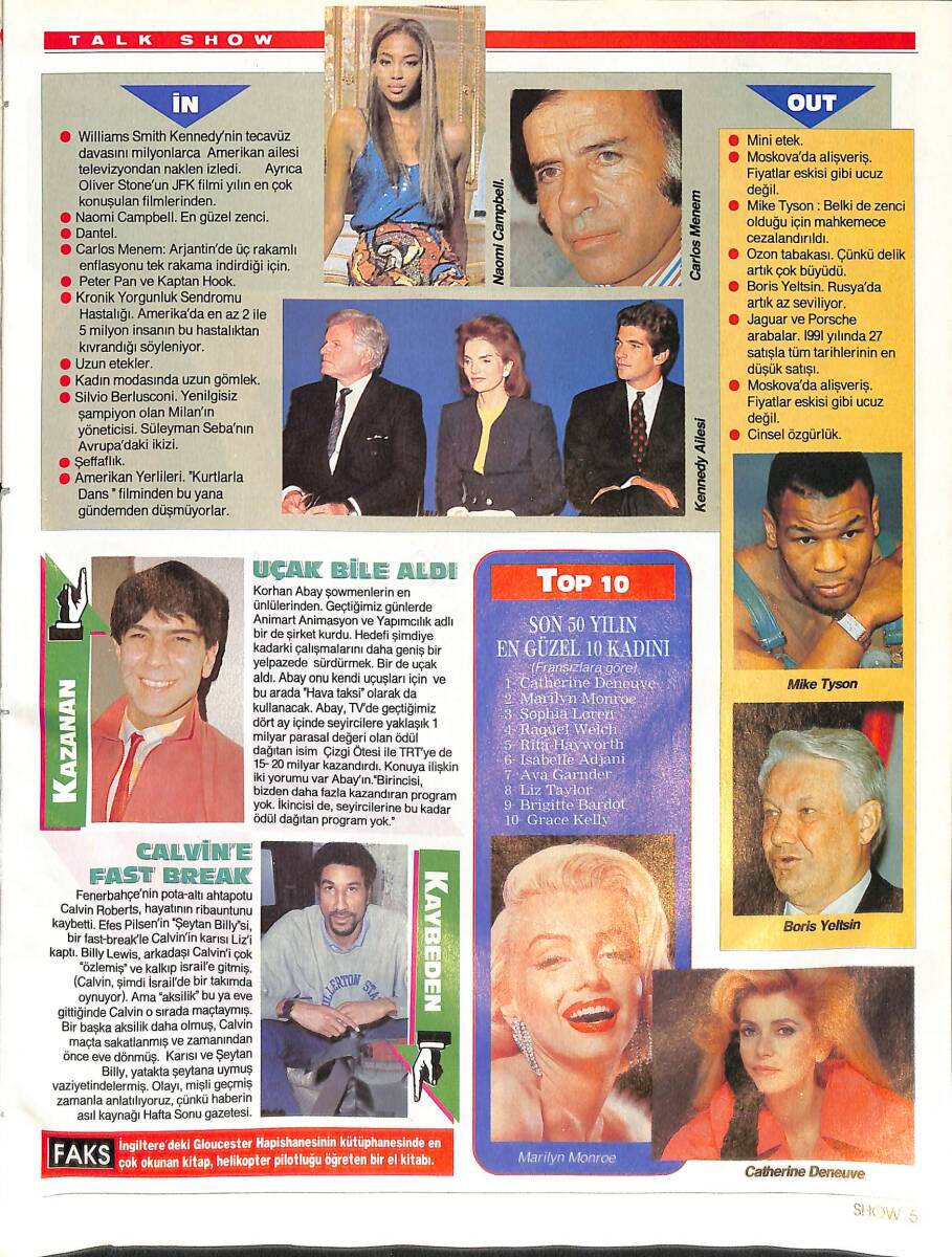 H rriyet Gazetesi Show Dergisi 21 Haziran 1992 Mike Tyson Marilyn Monroe Carlos Menem Naomi Campbell NDR87818