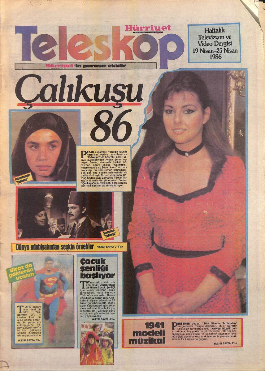 Hürriyet Gazetesi Teleskop Eki 19 Nisan 1986 - Hülya Koçyiğit, Özlenen Konser Başlıyor - TRT'den Ayten Gökçer'e Mini Jest GZ156283 - 1