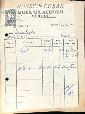 HÜSEYİN COŞAR Mobil Oil Acentesi Demirci 1961 Damga Pullu Faturası EFM(N)10860 - 1