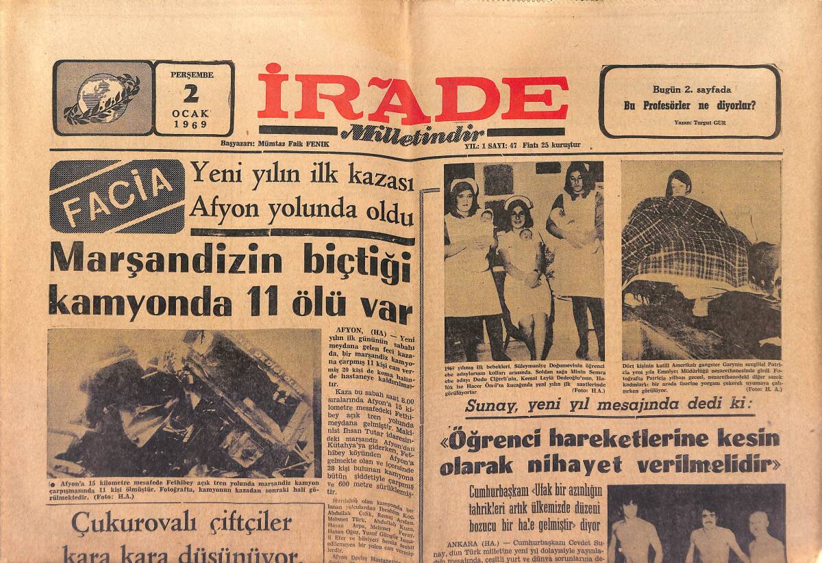İrade Gazetesi 2 Ocak 1969 - Prof. Mümtaz Turhan Öldü - Çekoslovakya Parçalanıp İki Cumhuriyet Oldu GZ149616 - 1