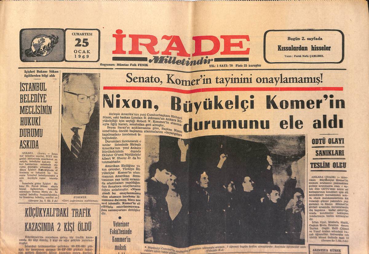İrade Gazetesi 25 Ocak 1969 - Galatasaray Antrenörü Fenerbahçeli Hakimin Karşısında - Nixon , Büyükelçi Komer'in Durumunu Ele Aldı GZ149618 - 1