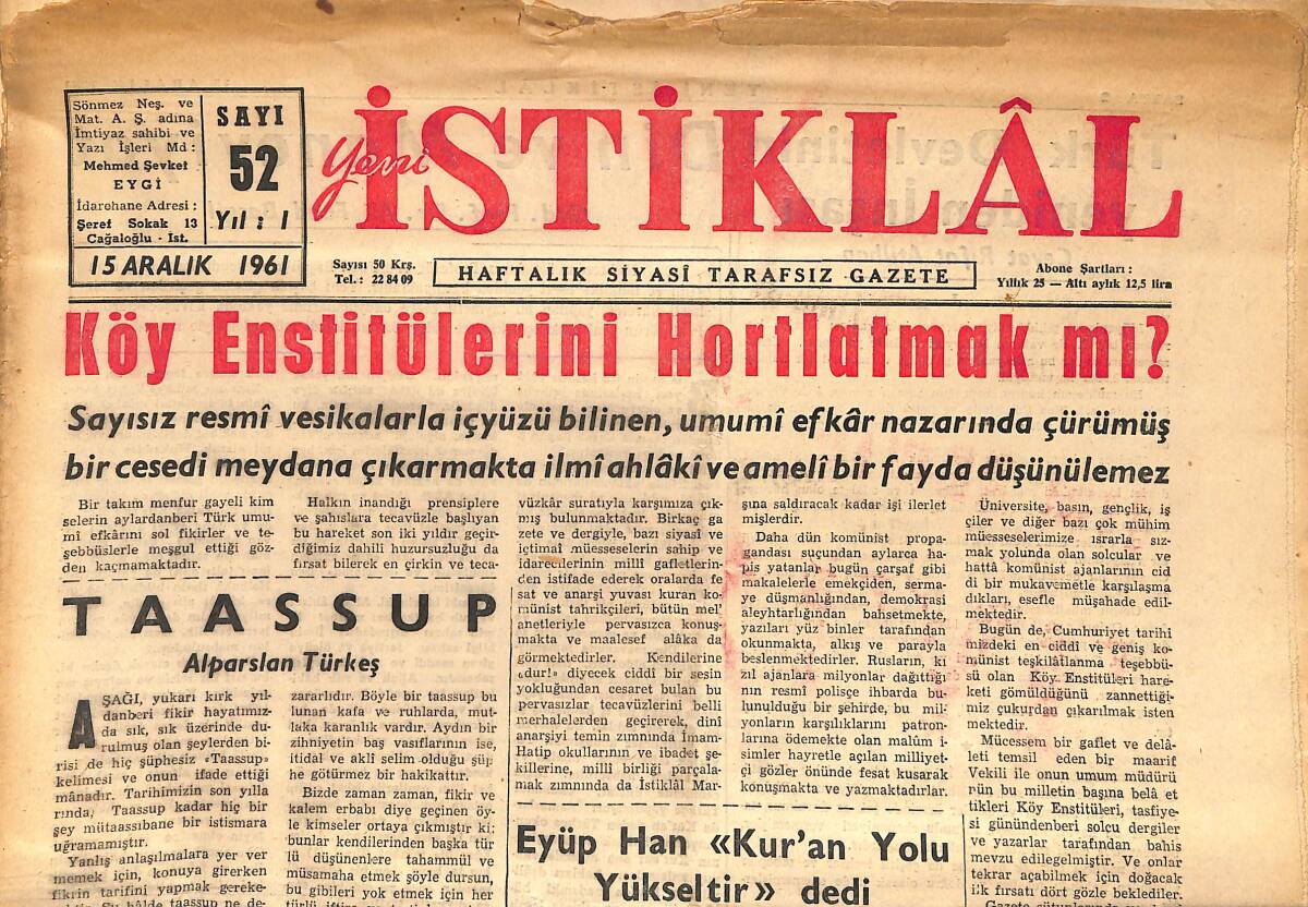 İstiklal Gazetesi 15 Aralık 1961 - Nasıl Mason Oldum? Bir Gazetecinin Bu Esrarengiz Cemiyet Hakkında İfşaatı: Mahmud Yesari GZ153475 - 1