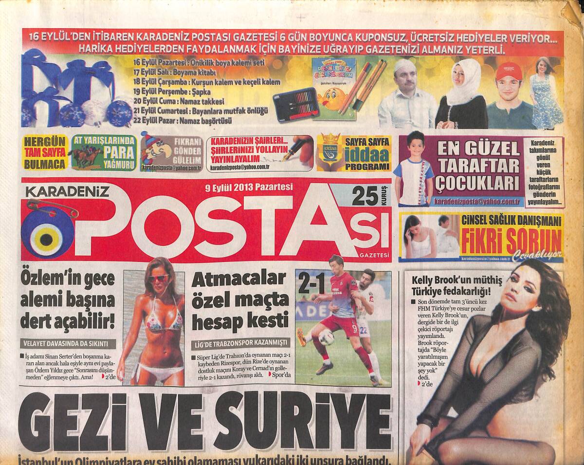 Karadeniz Postası Gazetesi 9 Eylül 2013 - Kıvanç Tatlıtuğ Barcelona Gecelerinde - Kelly Brook Türkiye İçin Soyundu GZ154907 - 1