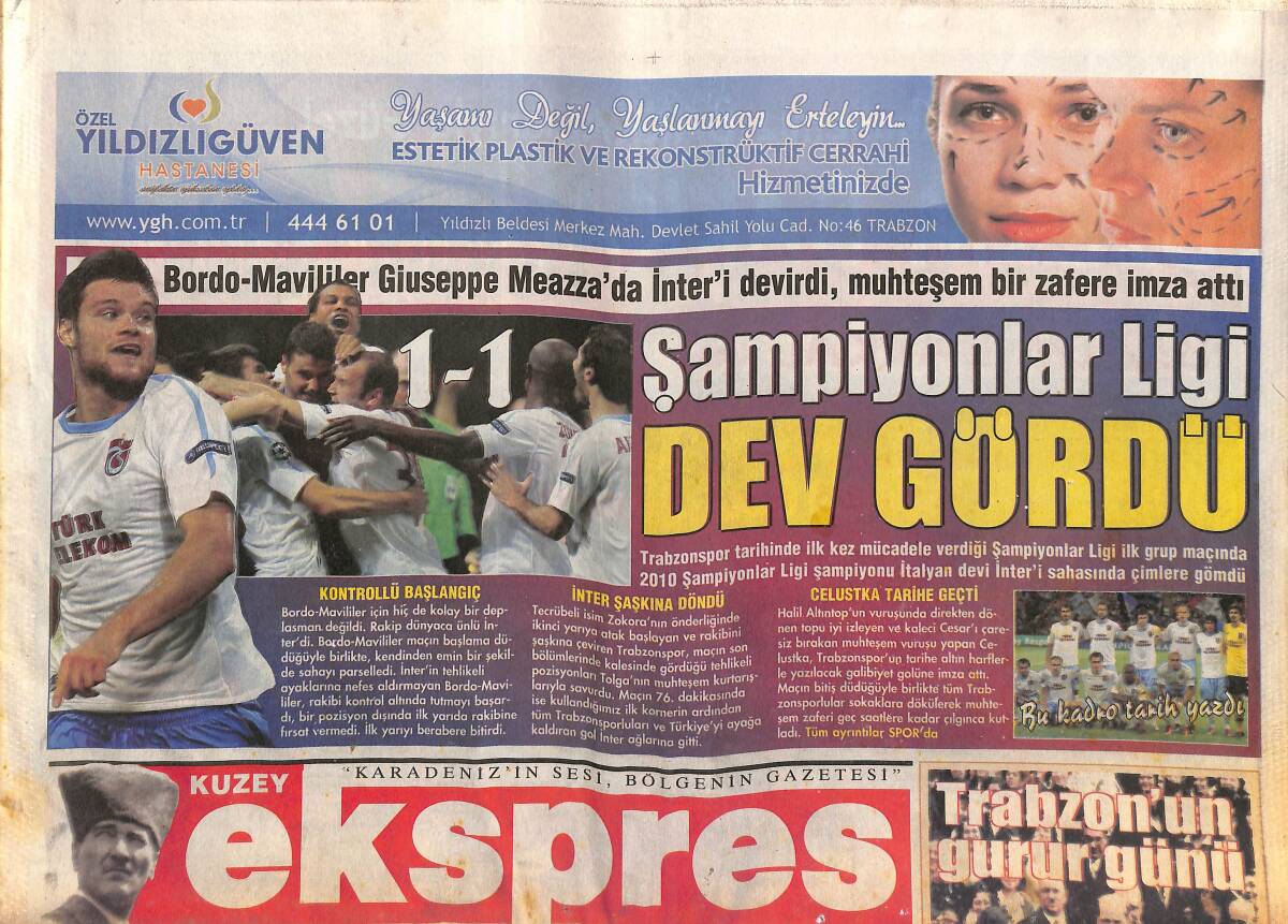 Kuzey Ekspres Gazetesi 15 Eylül 2011 - Trabzonspor Tarihinde İlk Kez Katıldığı Şampiyonlar Ligi Grup Maçında İnter'i Sahaya Gömdü GZ154909 - 1