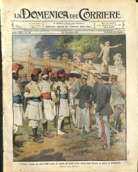 La Domenica del Corriere (Anno XIV, No 24, 16-23 Giugno 1912)-Egemenler, Trablustaki savaş sırasında yaralanan Eritreli Ascariyi Caserta Kraliyet Sarayının parkında ziyaret ediyor NDR70175 - 1