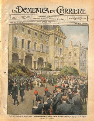 La Domenica del Corriere (Anno XIV, No 34, 25 Agosto-8 Settembre 1912)-Anne Cenova Düşesinin ölümü Ceset, gömüldüğü Superga için Maggiore Gölündeki Stresa villasını terk ediyor NDR70187 - 1