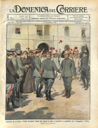 La Domenica del Corriere (Anno XIV, No 35, 1-8 Settembre 1912)-Cesur birine saygılar Yanında annesiyle birlikte kahraman bersagliere Benna ve Torino daki Bersaglieri askerlerine takdim edildi NDR70186 - 1