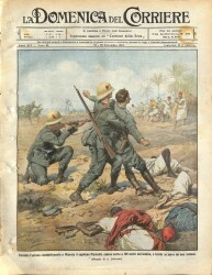 La Domenica del Corriere (Anno XIV, No 38, 22-29 Settembre 1912)-Misratada düşmana 100 metre mesafede yaralanan Kaptan Piscicelli, iki asker tarafından kurtarıldı NDR70183 - 1