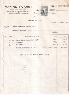 Makina Ticaret İsmail Hakkı Bakkaloğlu 1962 Zenit Omega Dikiş Makinası Faturası - 2