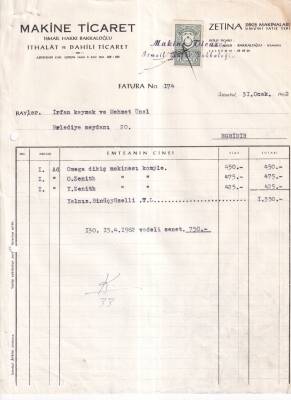 Makina Ticaret İsmail Hakkı Bakkaloğlu 1962 Zenit Omega Dikiş Makinası Faturası - 1