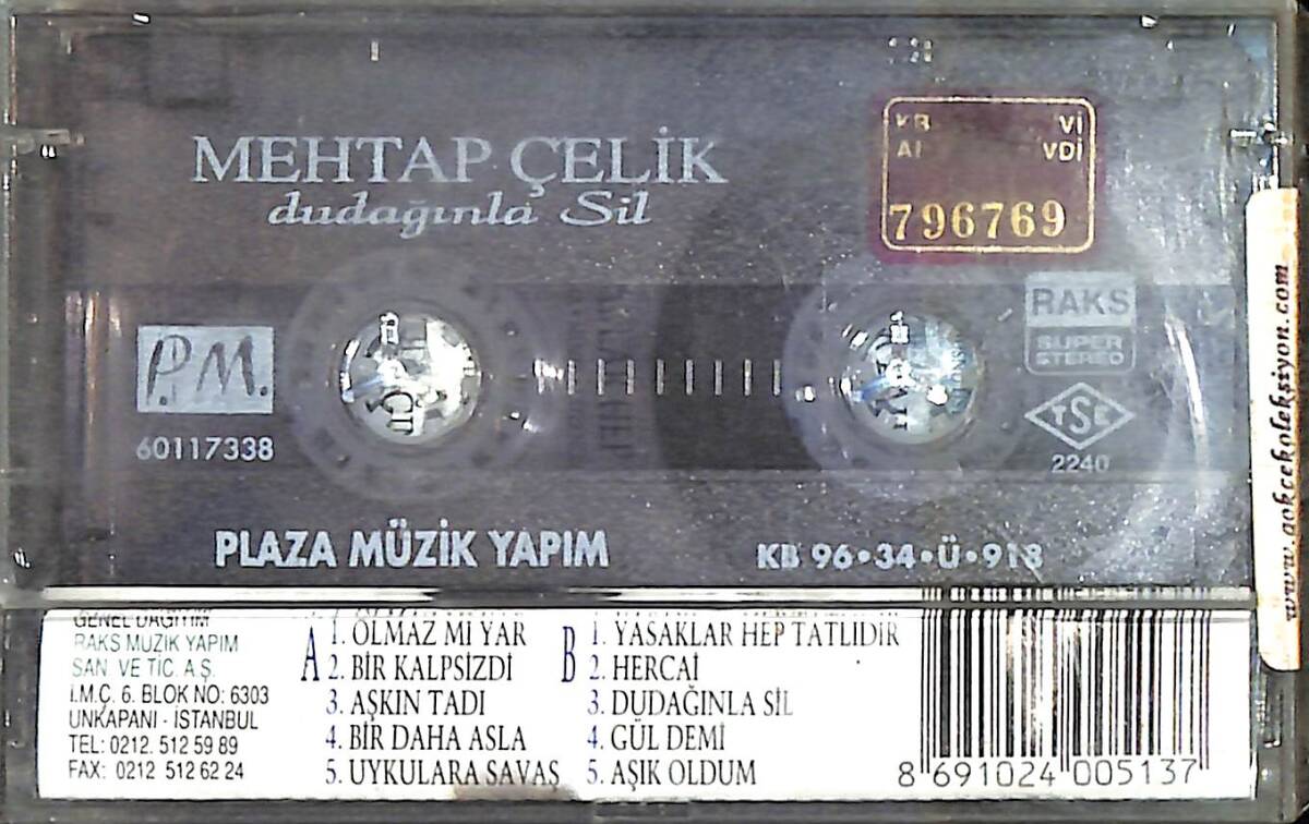 Mehtap Çelik - Dudağınla Sil Kaset (Bordo Bandrol - İkinci El) KST27308 - 2