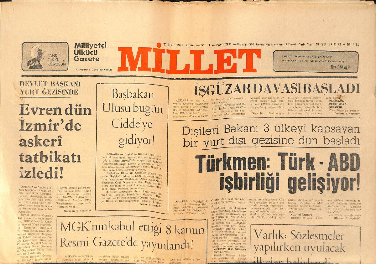 Millet Gazetesi 27 Mart 1981 - Polonya'da Hükümet Zor Günler Yaşıyor - MGK'nın Kabul Ettiği 8 Kanun Resmi Gazete'de Yayınlandı ! GZ155778 - 1