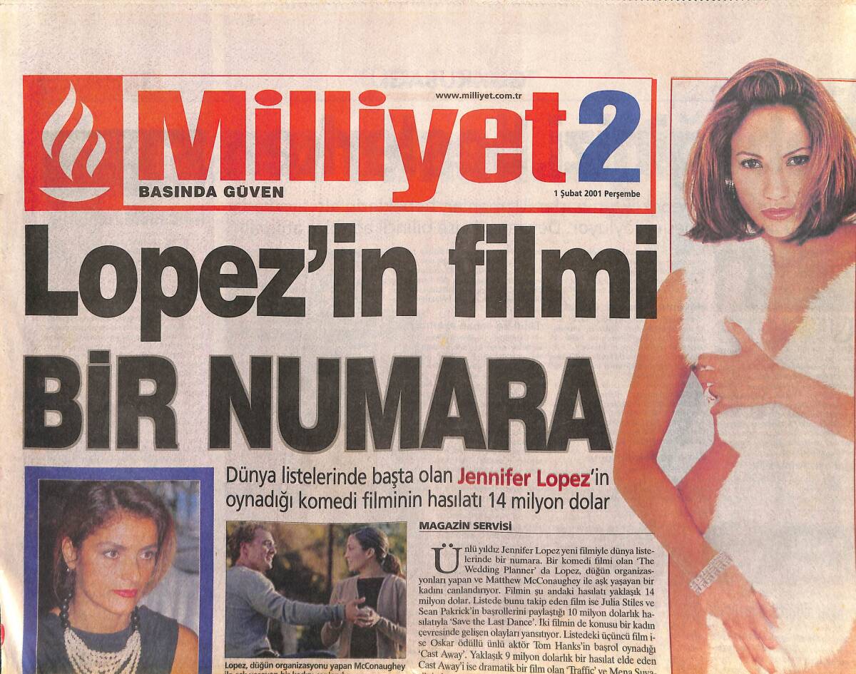 Milliyet 2 Gazetesi 1 Şubat 2001 - Lopez'in Filmi Bir Numara - Kubat'a Sanatçı Desteği GZ153474 - 1