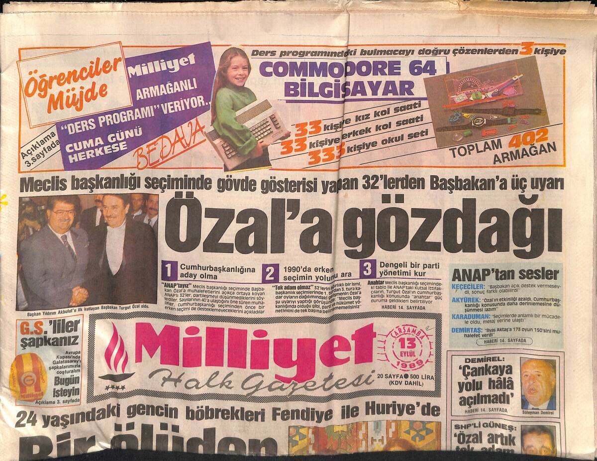 Milliyet Gazetesi 13 Eylül 1989 - Özal'a Gözdağı - Tanju Kadro Dışı GZ155825 - 1