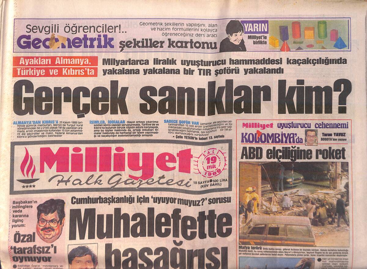 Milliyet Gazetesi 19 Eylül 1989 - ABD, Elçiliğine Roketli Saldırı - Arsa Mafyasından Gazeteciye Kurşun - Anap Mevlidine Soruşturma GZ155857 - 1