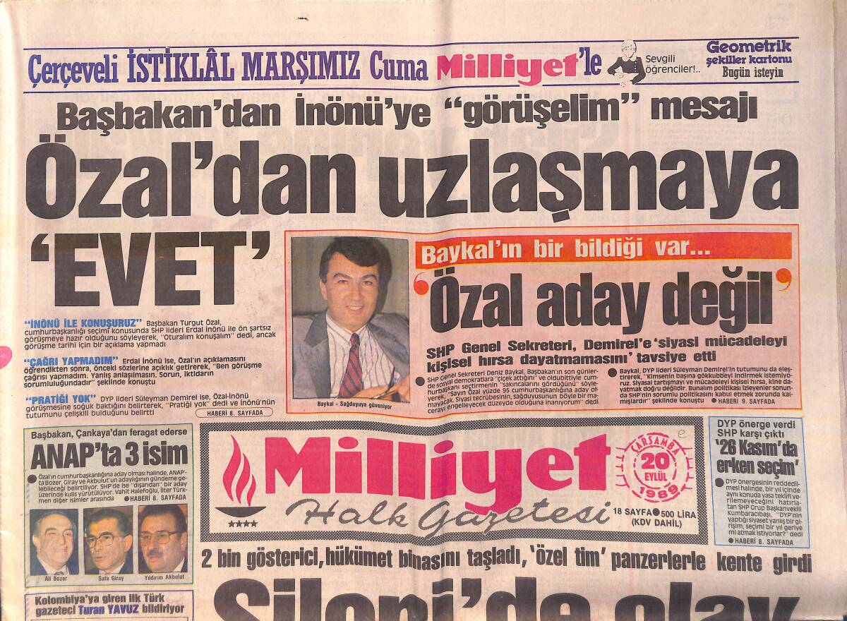 Milliyet Gazetesi 20 Eylül 1989 - Reykjavik'te Kader Maçı 