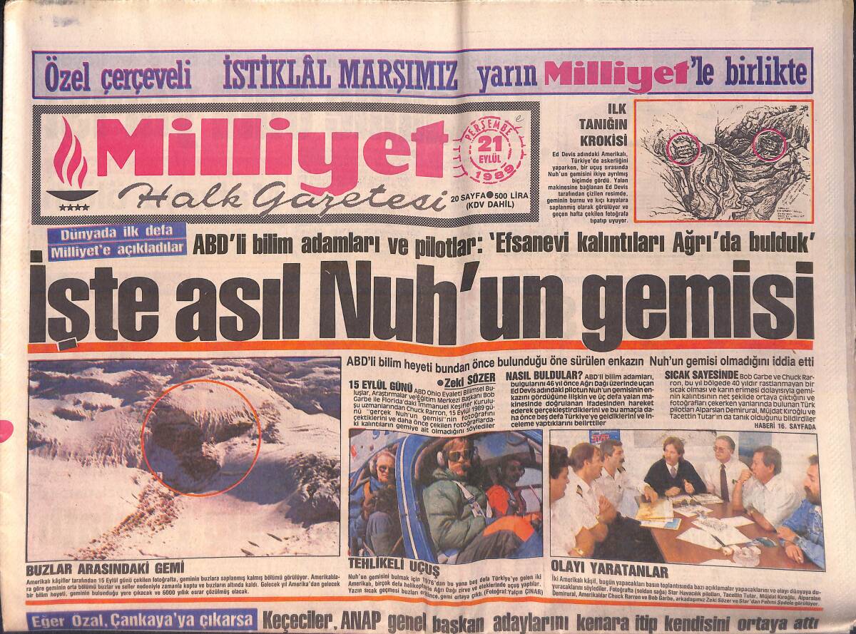 Milliyet Gazetesi 21 Eylül 1989 - İşte Asıl Nuh'un Gemisi, Kalıntıları Ağrıda Bulundu - Gönül Yazar 