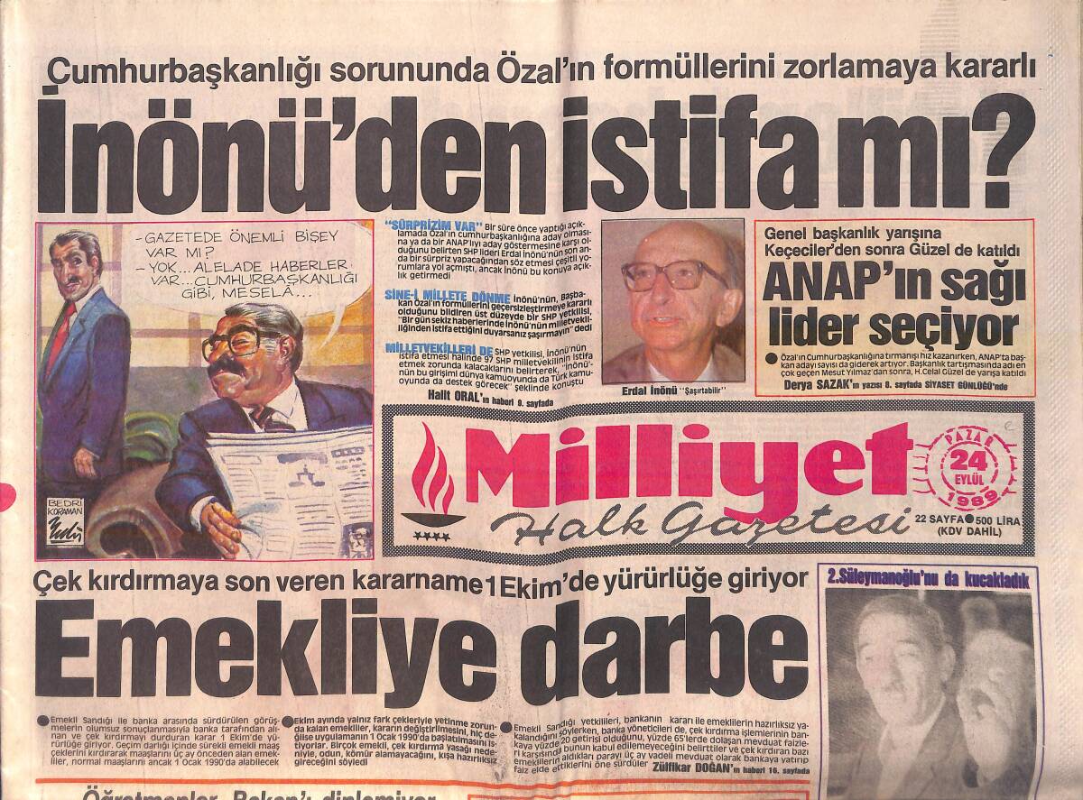 Milliyet Gazetesi 24 Eylül 1989 - Emekliye Darbe 