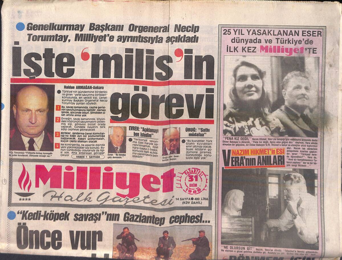 Milliyet Gazetesi 31 Ekim 1988 - Nazım Hikmet'in Eşi Vera'nın Anıları - 5 Irkçı Alman, 56 Yaşında Fatma Hanım'ı Feci Dövdü GZ155864 - 1