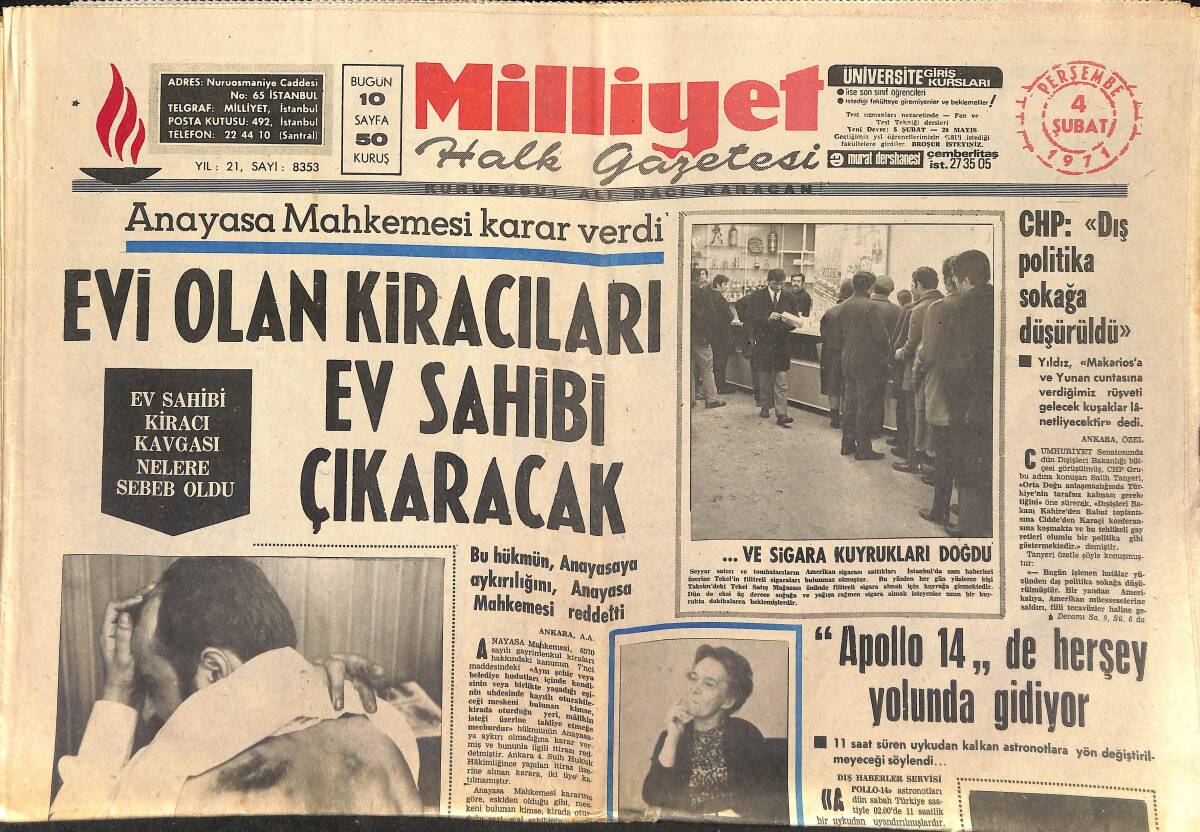 Milliyet Gazetesi 4 Şubat 1971 - Beşiktaş'ı Çökmekten Para Ve Beraberlik Kurtarabilir - Orta Doğu'da Ateşkes Süresi Bitiyor GZ153460 - 1